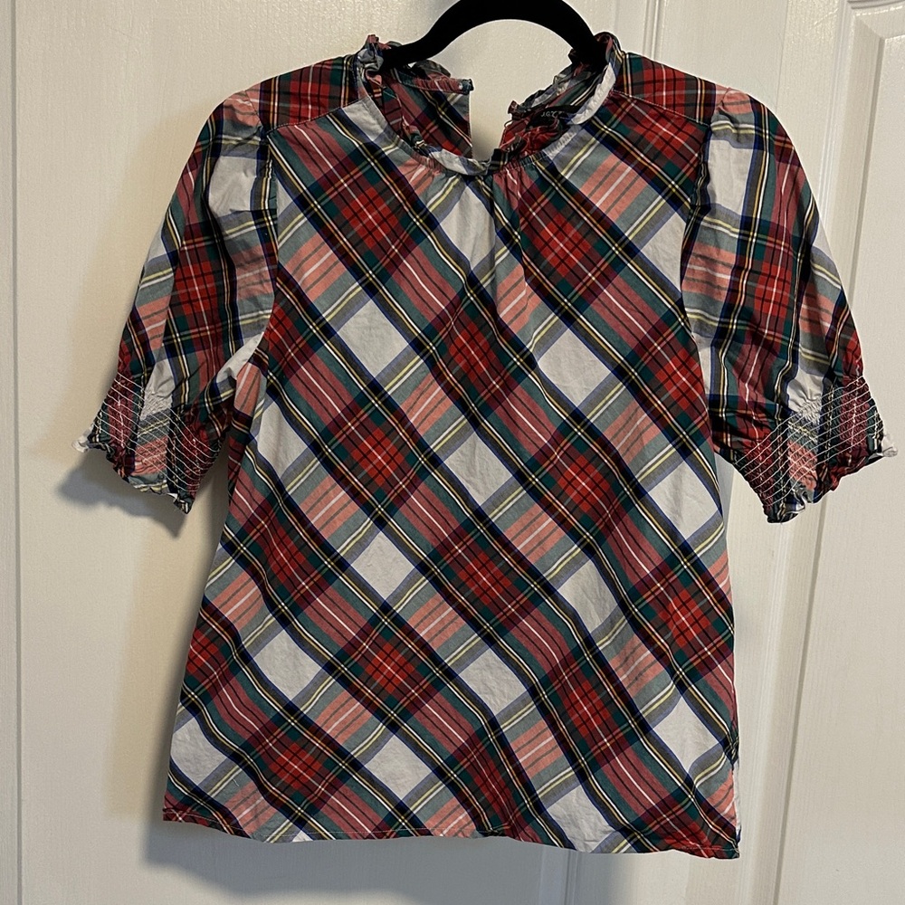 J. Crew Multicolor Plaid Blouse with Ruffle Detail